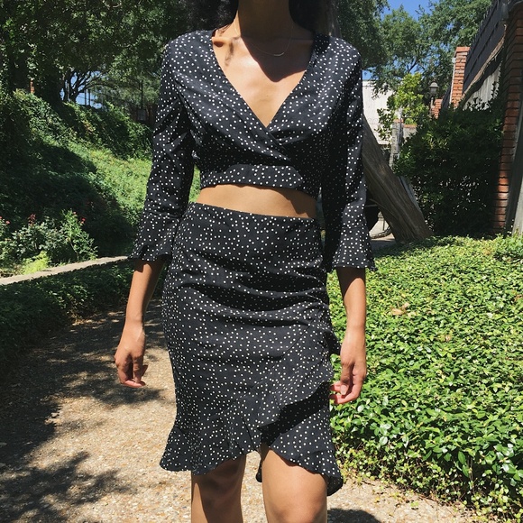 white polka dot two piece set
